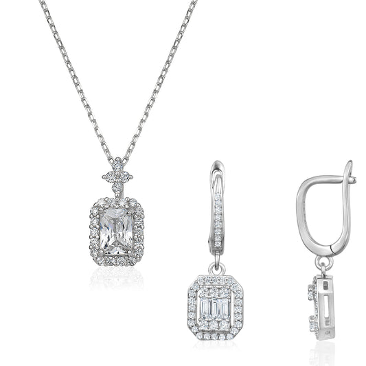 Cubic Zirconia Geometric Necklace and Drop Earrings Set
