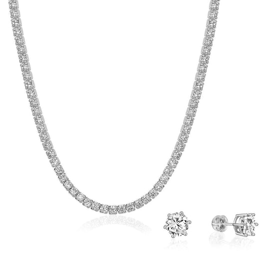 Cubic Zirconia Tennis Necklace and 7mm Stud Earrings Set (Rhodium)